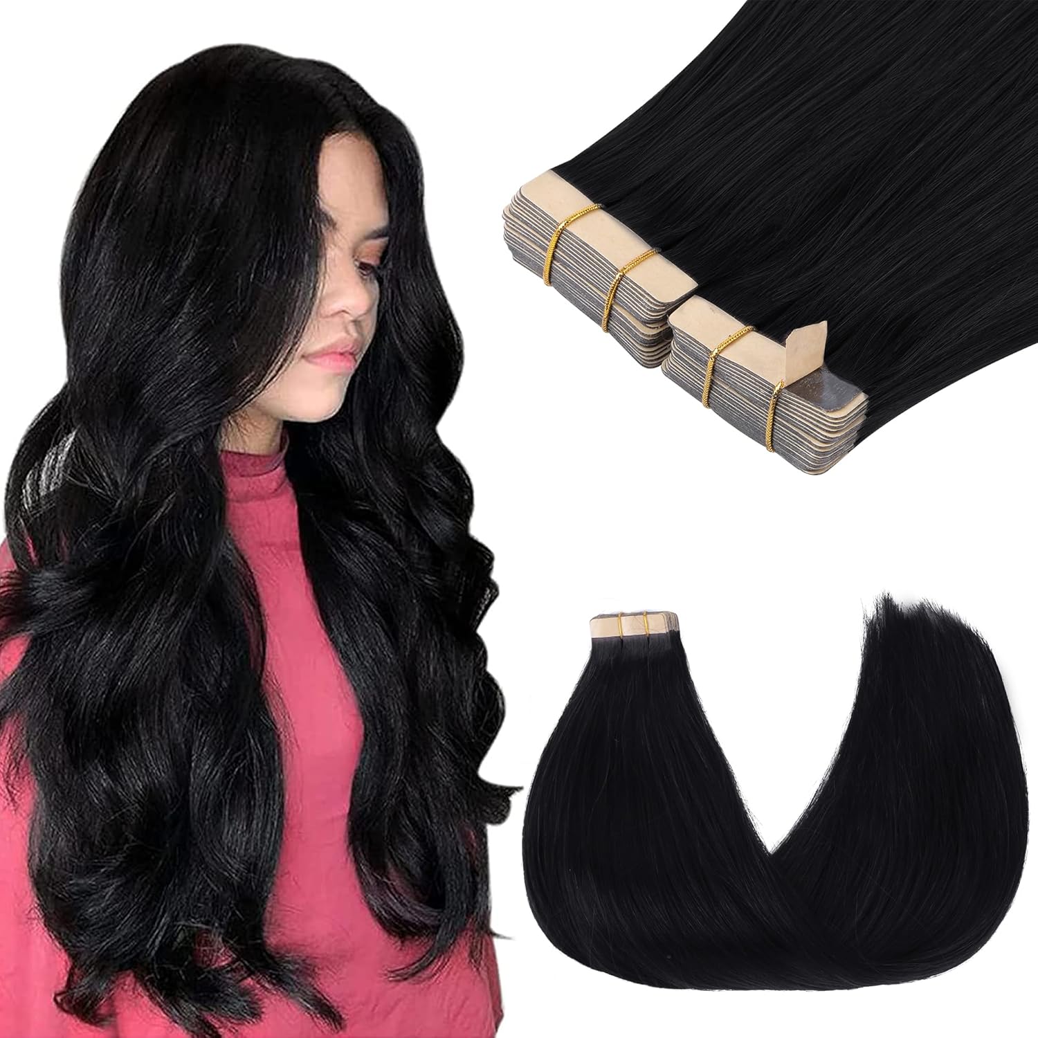 GOO GOO Tape in Hair Extensions Human Hair, 1 Jet black, 20inch 100g 40pcs, Thic...