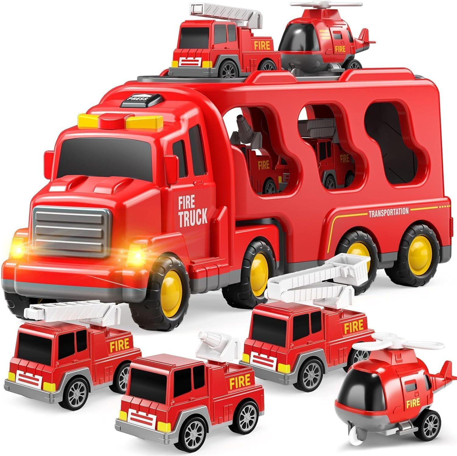 TEMI Fire Truck Toys for 2 3 4 5 6 Years Old Boys Girls - 5 in 1 Carrier Truck T...