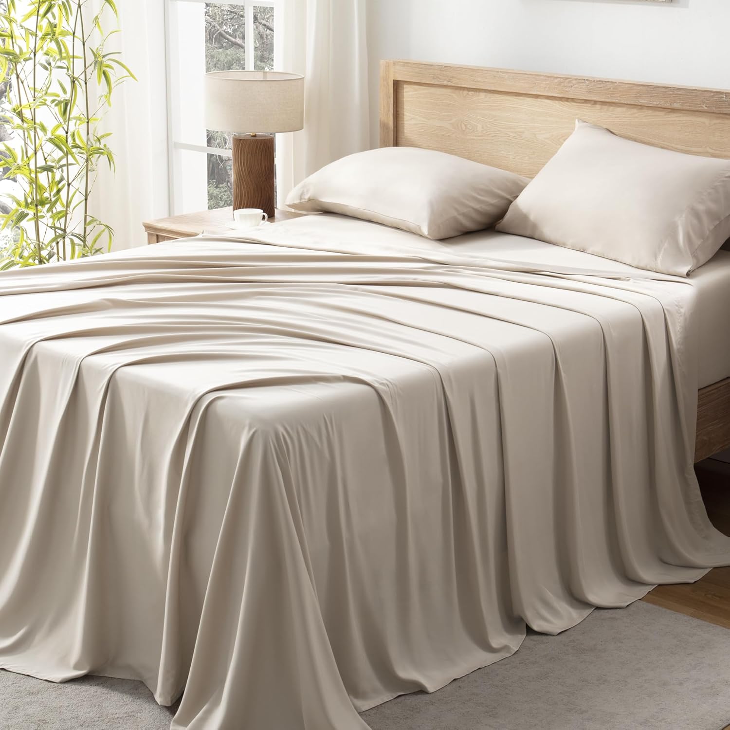 Andency Oatmeal King Size Sheets Set, 100% Viscose Derived from Bamboo, Cooling...