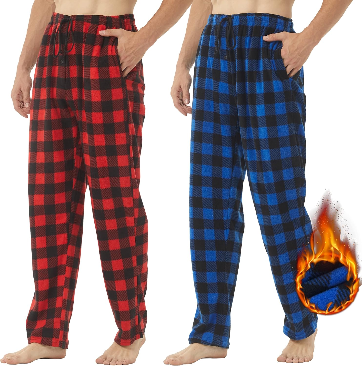 YUSHOW 2 Pack Mens Fleece Pyjama Bottoms Ultra Soft Checked Lounge Pants with Po...