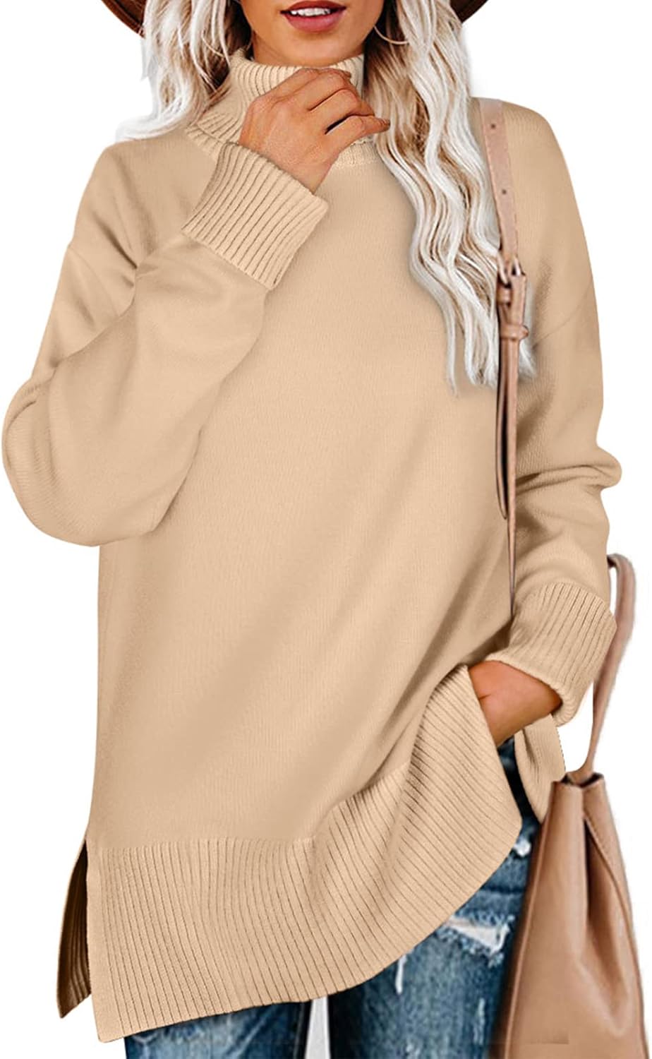 Glanzition Sweaters for Women Turtleneck Side Split Oversized Pullover Tops 04-k...