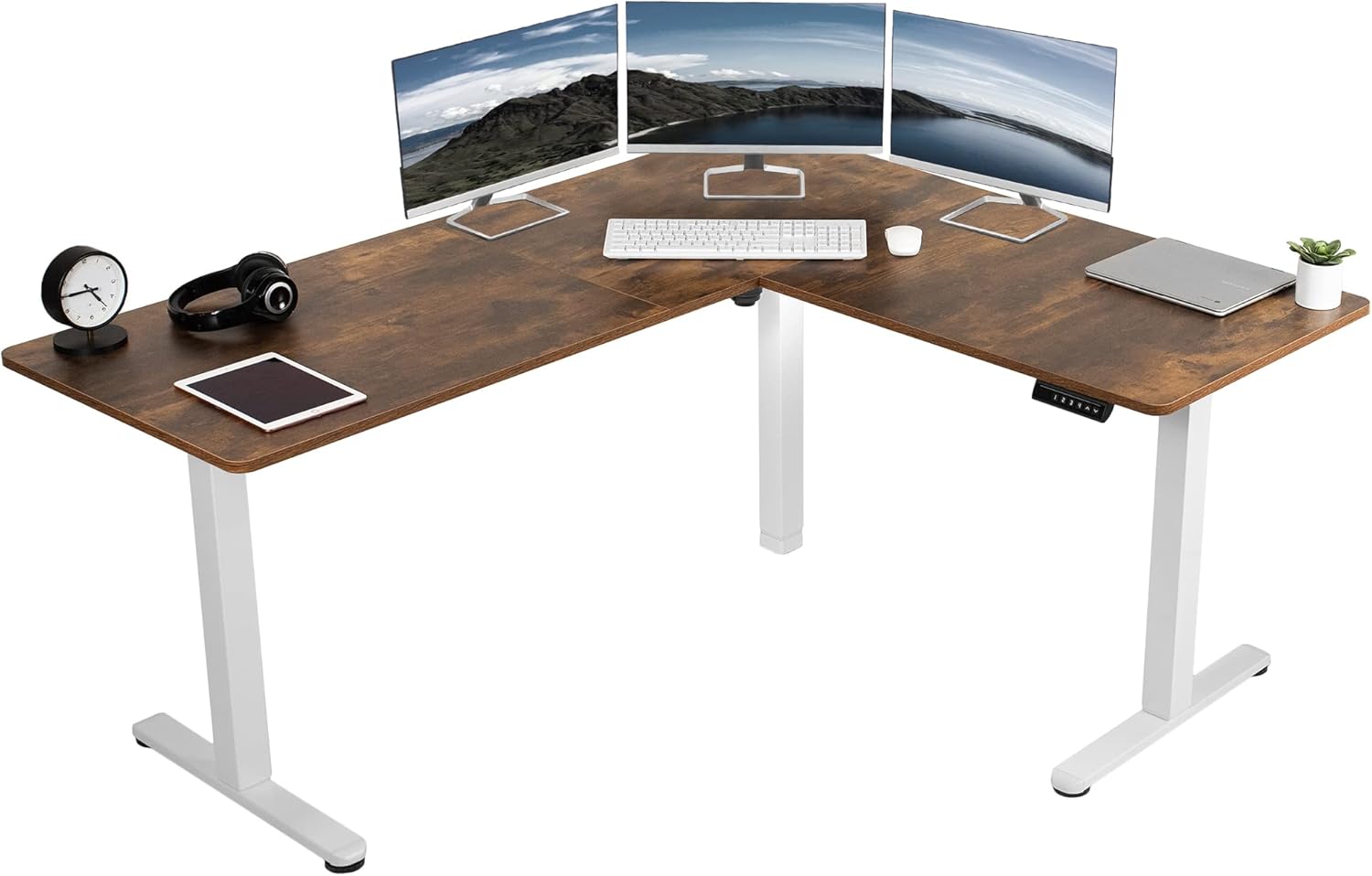 VIVO Electric Corner L-Shaped 63 x 55 inch Rustic Standing Desk, Height Adjustab...