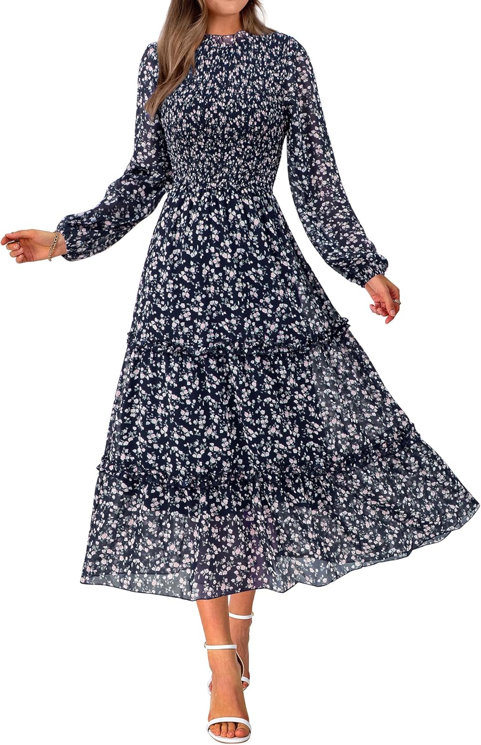 NOLLSOM Women 2024 Fall Dress Floral Boho Dress Casual Long Sleeve Crew Neck Ruf...