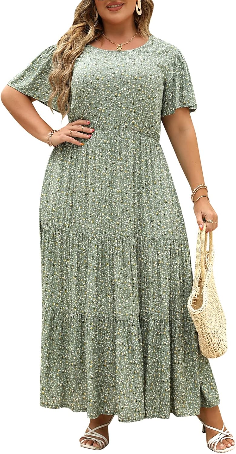 Nemidor Womens Plus Size Boho Ditsy Floral Print Casual Layered Flared Maxi Dres...