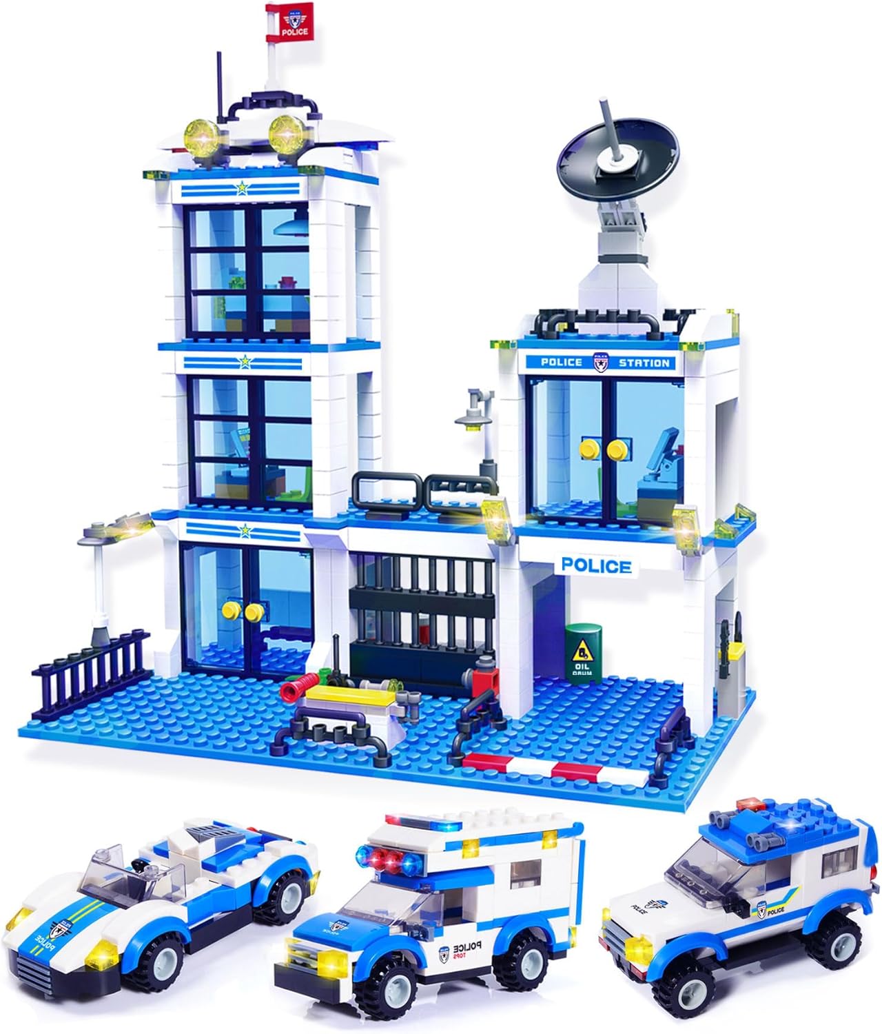 736 Pieces City Police Station & Car Building Blocks Set, with 3 Police Cars Toy...