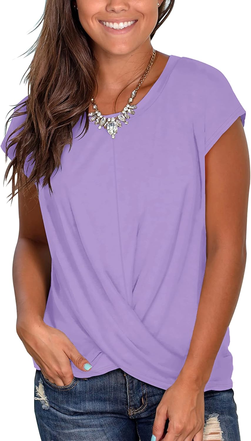 Jescakoo Women's Short Sleeve Round Neck T Shirt Front Twist Tunic Tops Casual L...