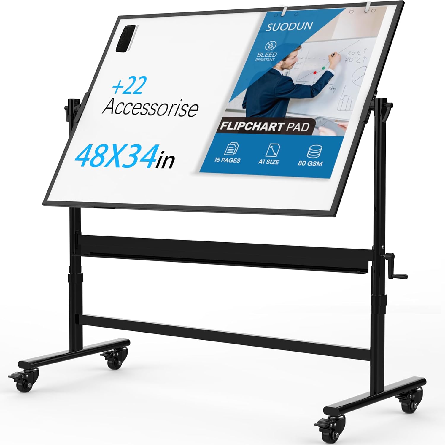 White Board Elevated Mobile whiteboard,48 x 34 Portable Dry Erase Board with Sta...