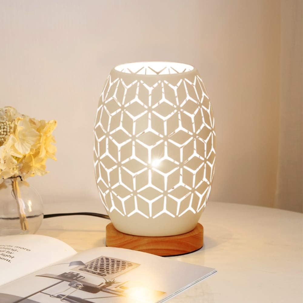 HHMTAKA Metal Lampshade Bedside Table Lamp Wooden Base Bedroom Lamp Decorative B...
