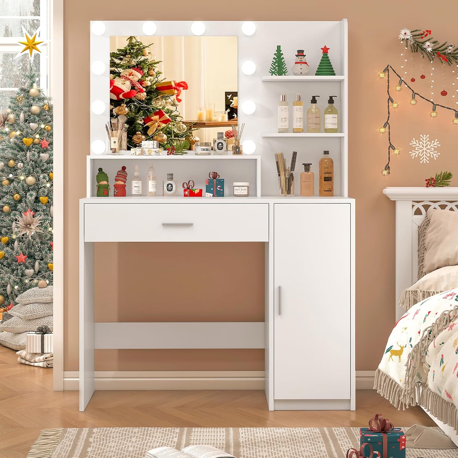 Quimoo Makeup Vanity Desk with Mirror and Lights, Vanity Desk with Large Drawer...