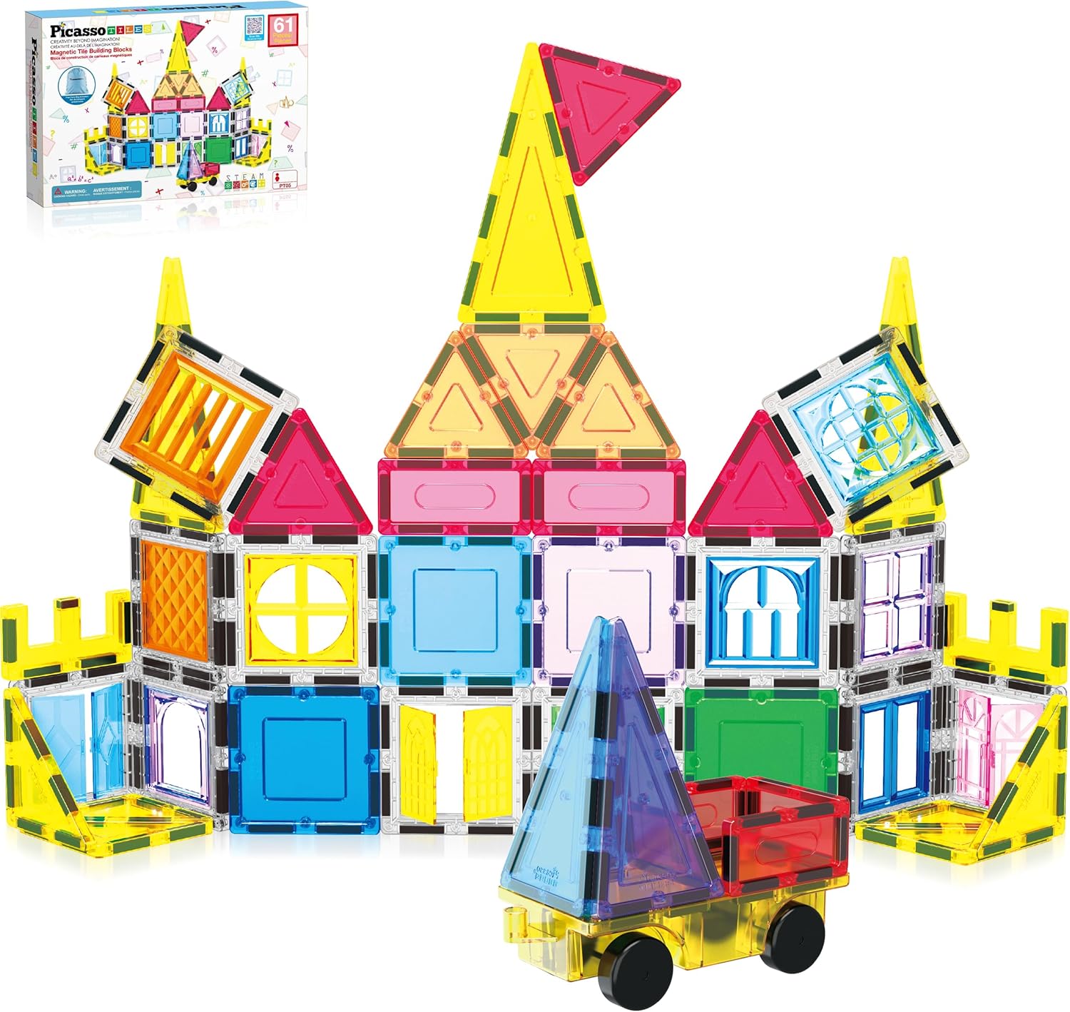 PicassoTiles Magnetic Tiles 61pc Magnet Tile Building Blocks Construction Sensor...