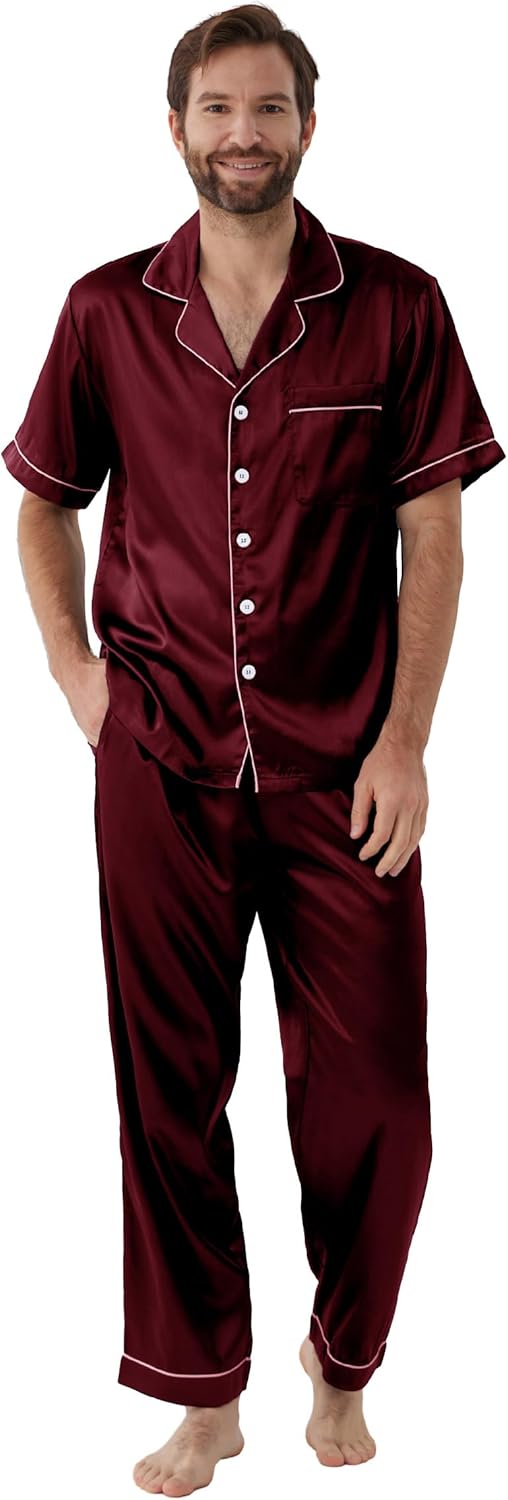 YIMANIE Mens Satin Pajamas Set Classic Short Sleeved and Long Pants Sleepwear Lo...