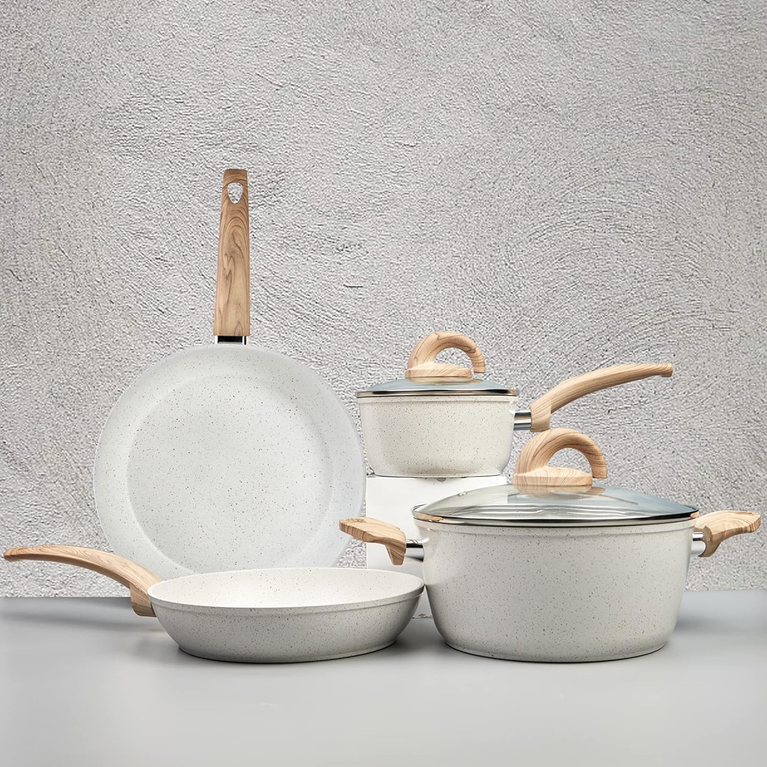 White Pots and Pans Set Non Stick, Ceramic Cookware Set with Granite Pattern Kit...