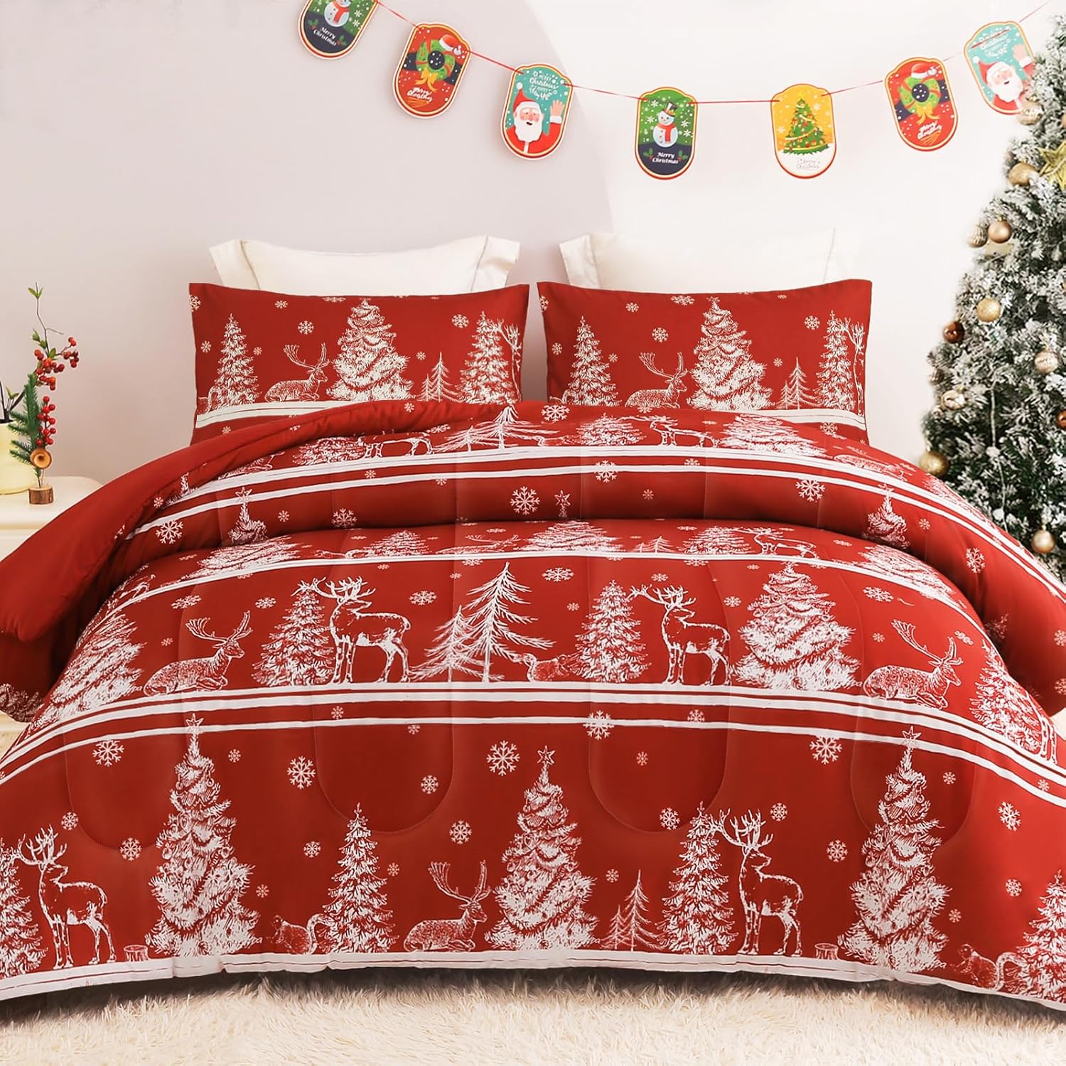 Exclusivo Mezcla 3 Pieces Christmas King Size Comforter Set, Reversible Rust Red...