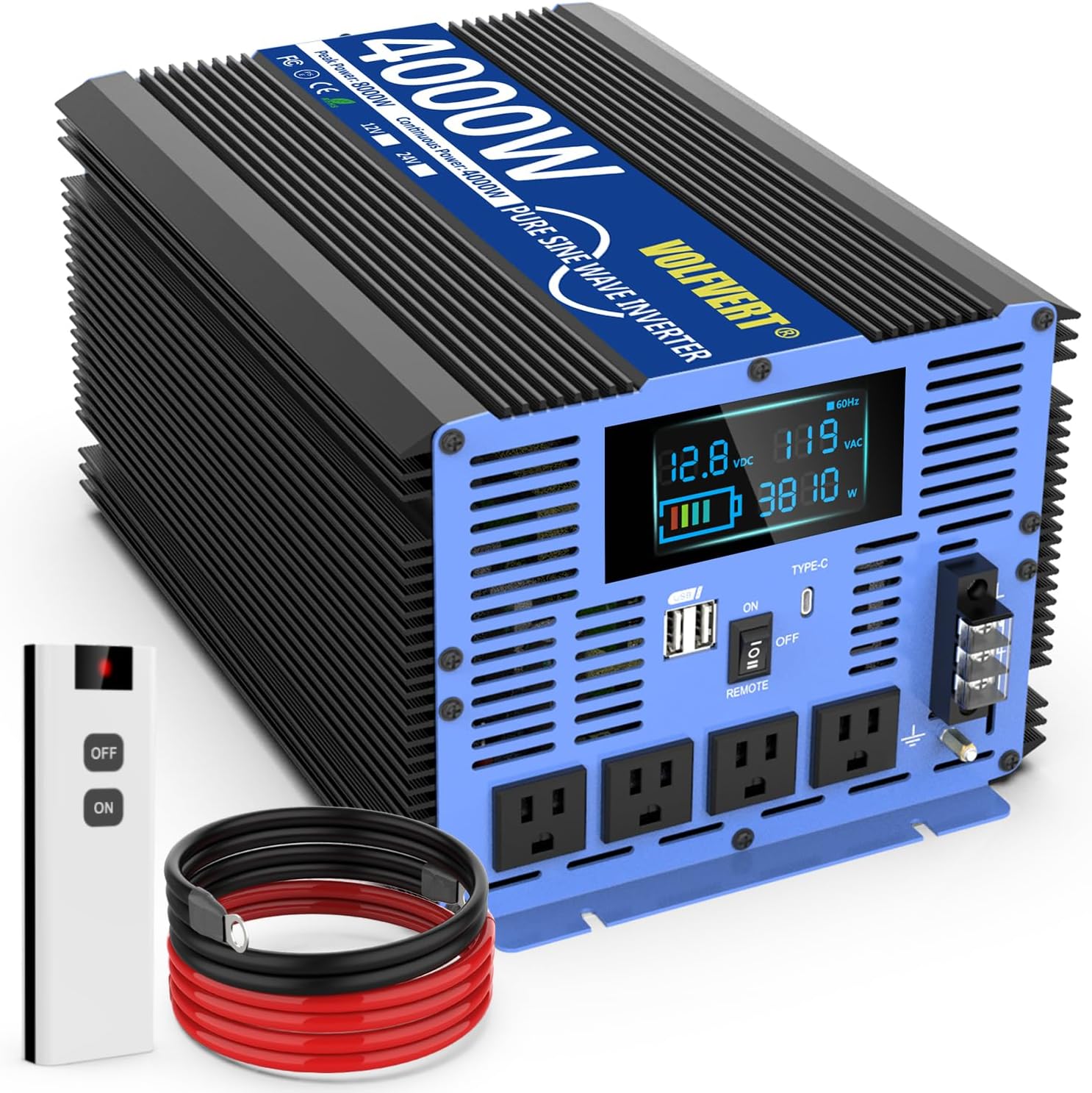4000W Pure Sine Wave Power Inverters DC 12V to AC 110V 120V with Type-C 4 AC Out...