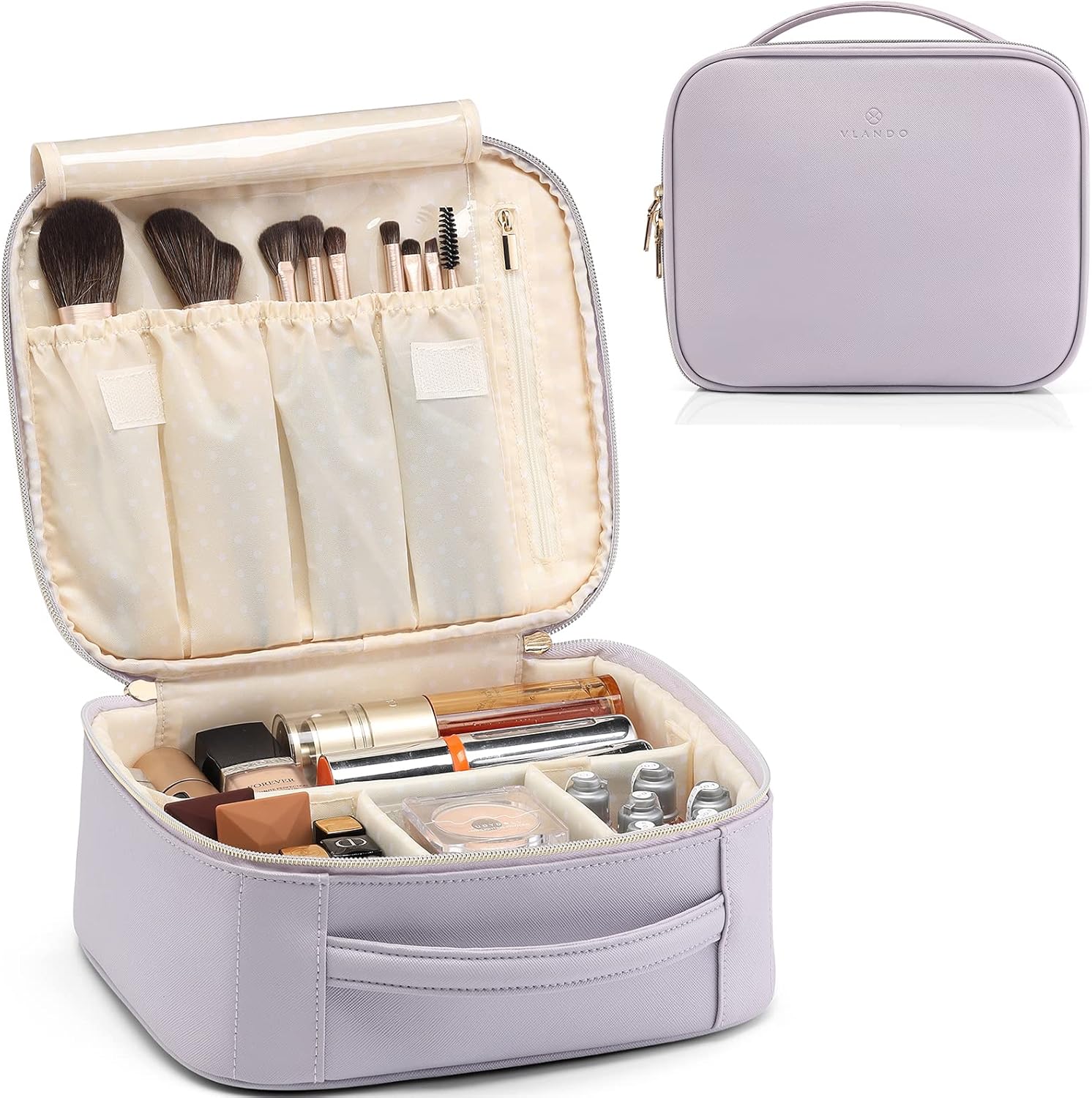 Vlando Makeup Bag with Compartments, PU Leather Large Cosmetic Bags with Handle,...