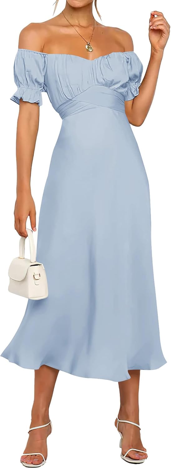 KIRUNDO Women's 2024 Summer Satin Midi Dress Off Shoulder Wrap Ruched Wedding Gu...