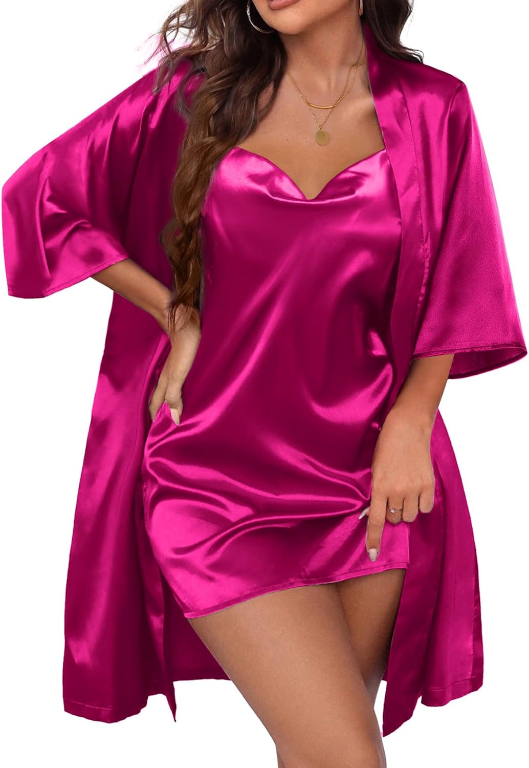 Ekouaer Women's Satin Robe Set Nightgown with Robes Silk Pajama Set 2 Pieces Lin...
