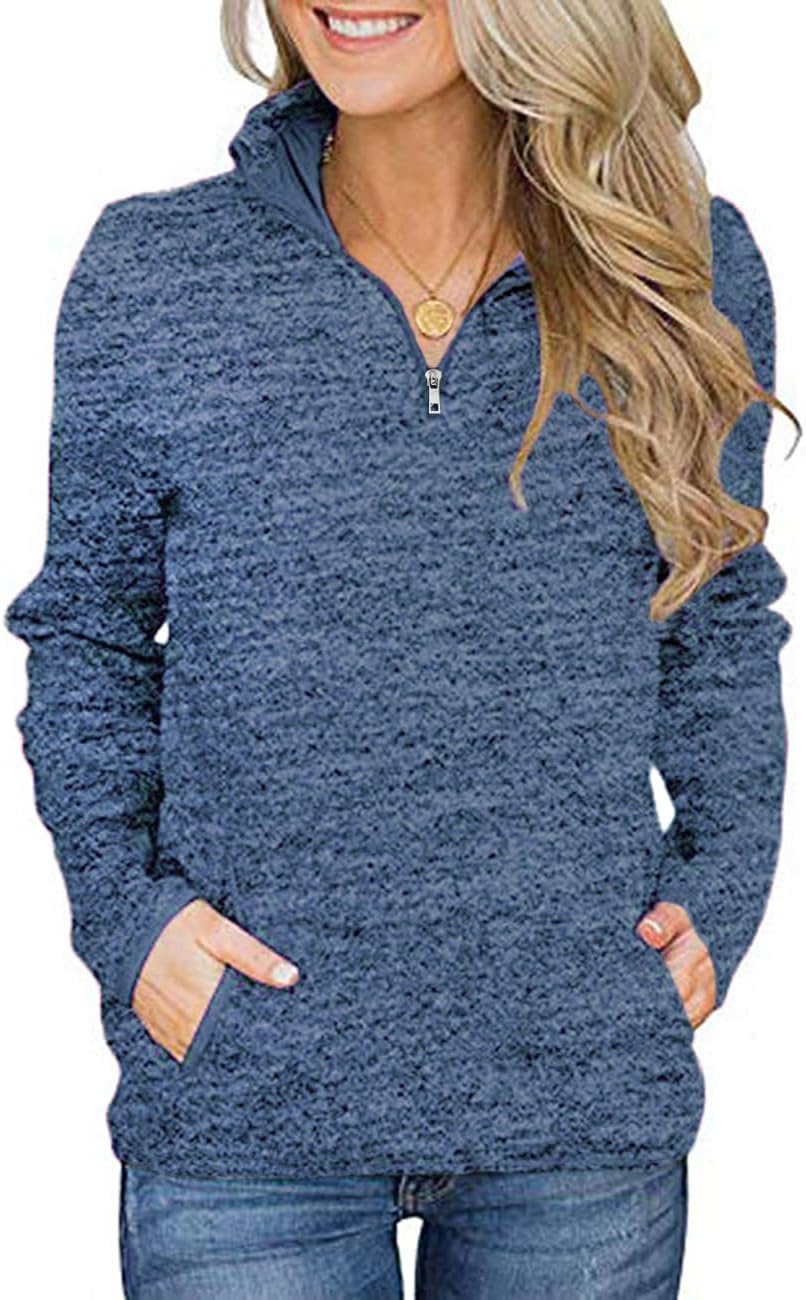 iWoo Womens Casual Sweatshirt Long Sleeve Stand Collar 1/4 Zip Cosy Tops Pullove...