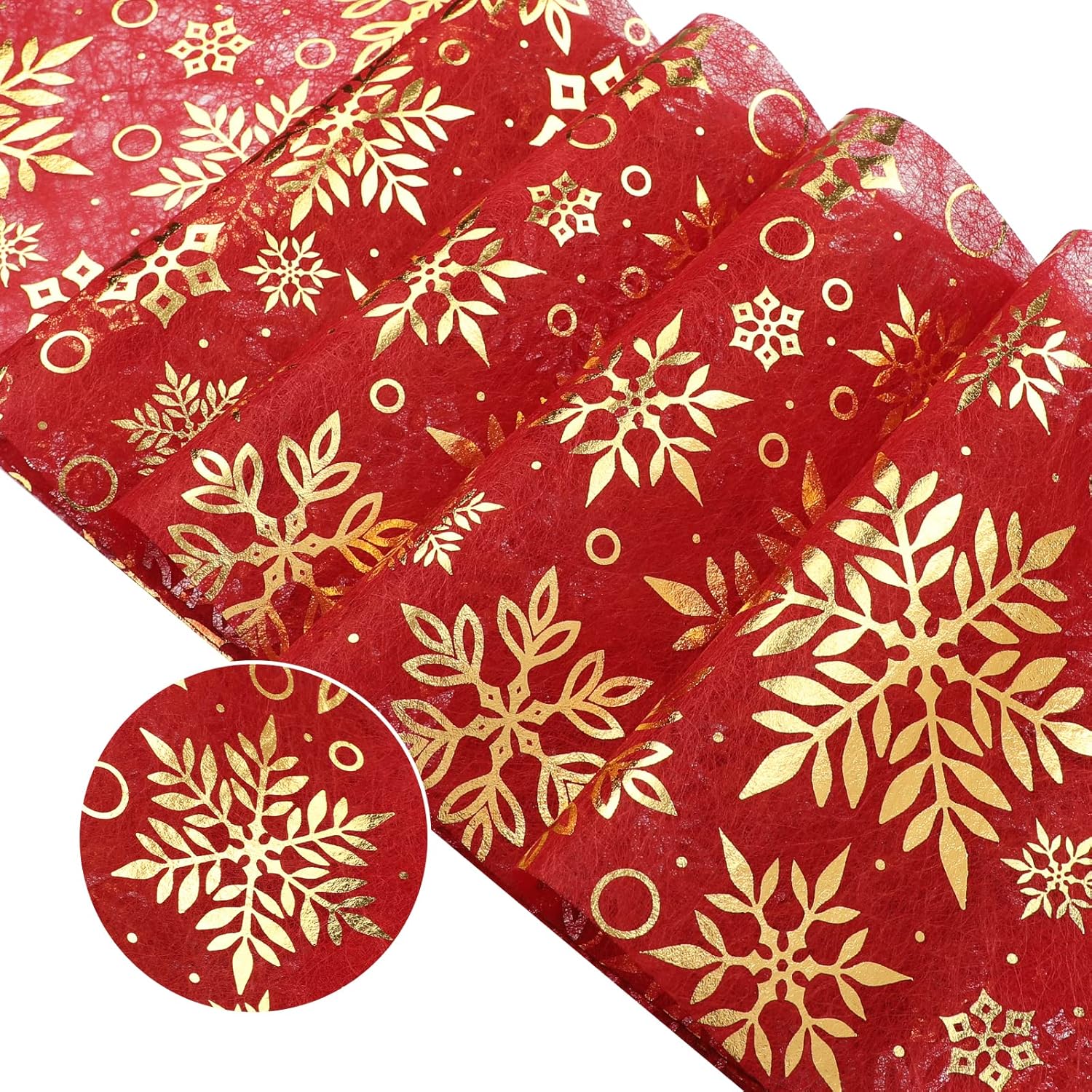 WELTRXE Christmas Table Runner, 28cm x 5M Gold Foil Snowflakes on Red Table Runn...
