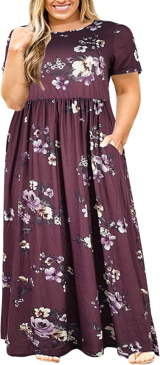 Nemidor Women Short Sleeve Loose Plain Casual Plus Size Long Maxi Dress with Poc...