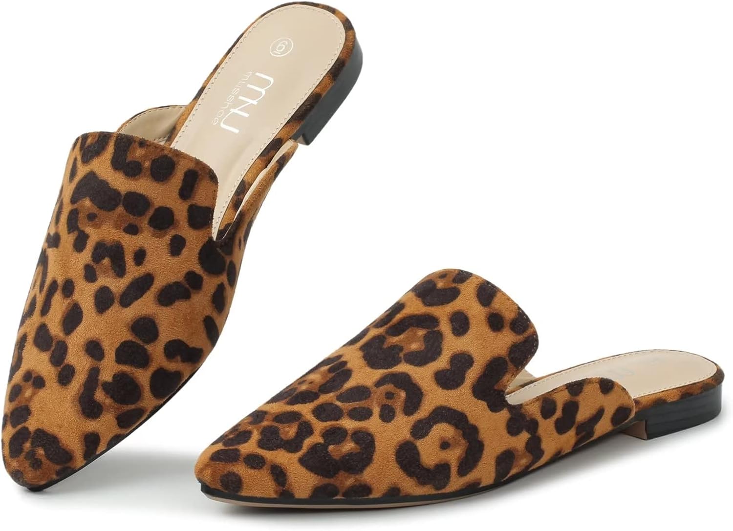 MUSSHOE Mules for Women Flats Comfortable Pointed Toe Women Mules 9.5 Leopard Su...