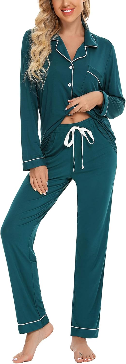 Anjue Pajamas for Women Soft Button Up Pajama Set Long Sleeve Shirt and Pajama P...