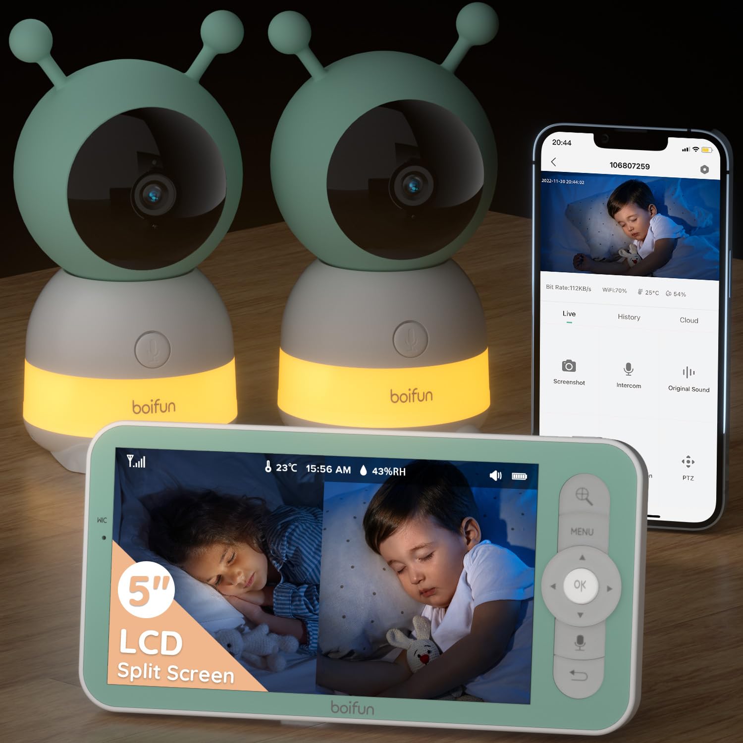 BOIFUN 2024 5" Split-Screen Baby Monitor with 2 Ca...