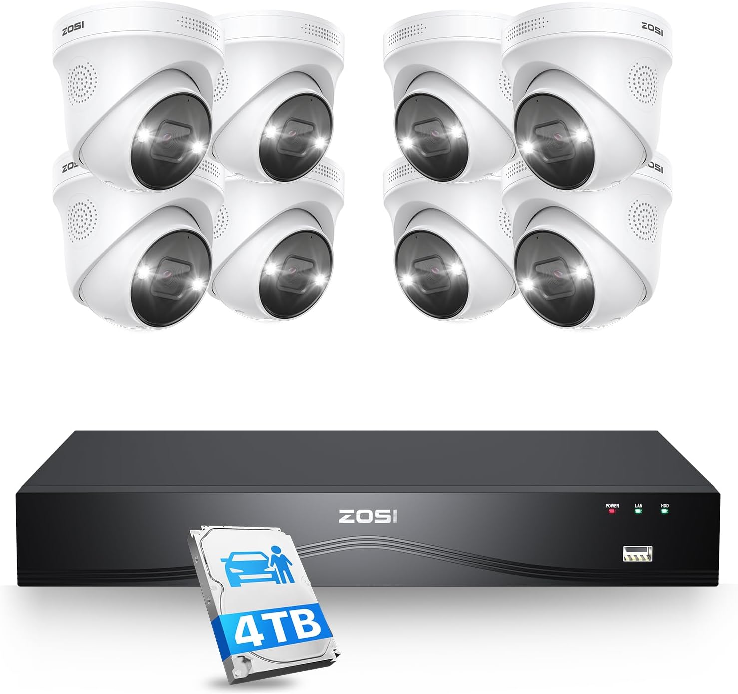 ZOSI 4K PoE Security Camera System,16 Port 24CH 8MP NVR with 4TB HDD,8pcs 4K Ind...