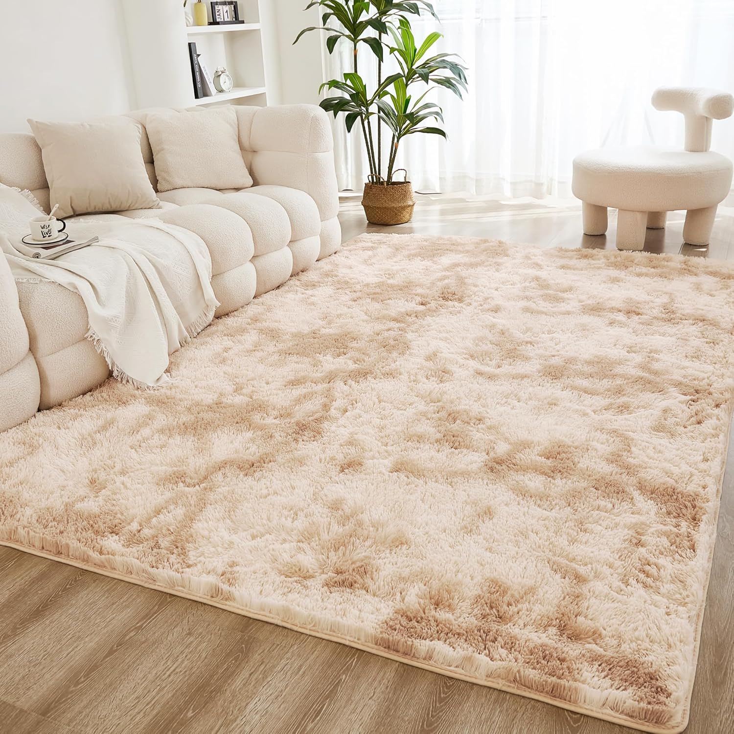 Litanika 6x9 Shag Area Rug for Living Room Bedroom, Tie-Dyed Beige Fluffy Shaggy...