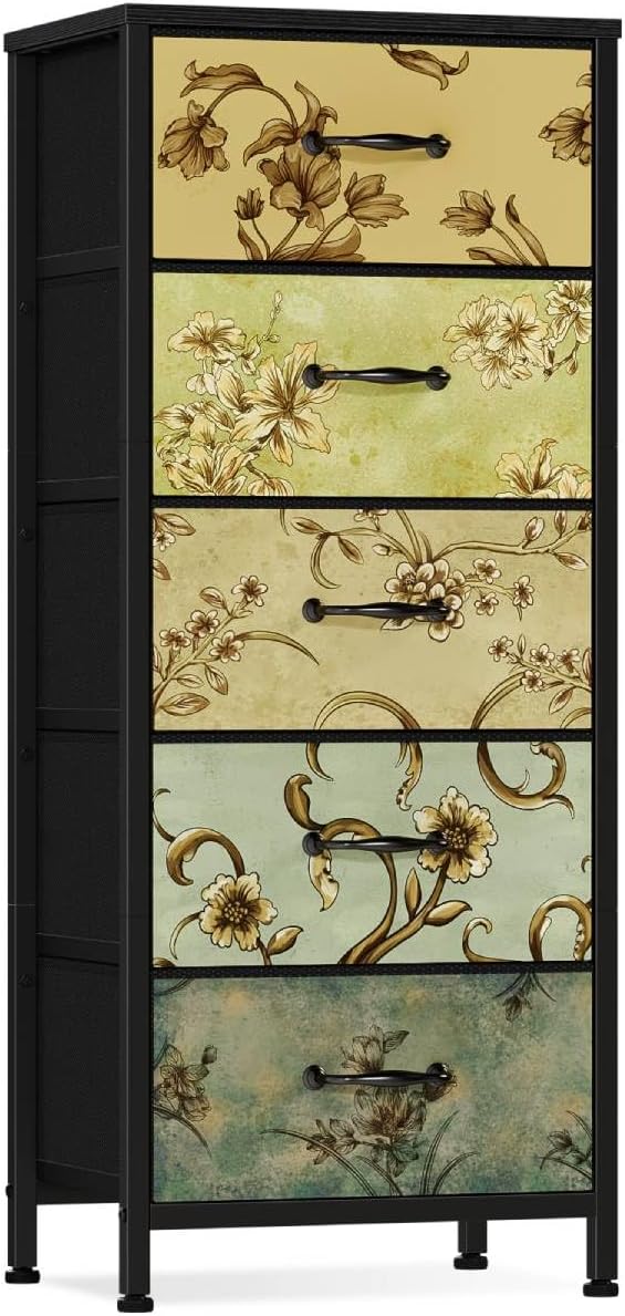Furnulem Vertical Dresser for Bedroom, Tall Skinny Storage Tower with 5 Fabric D...