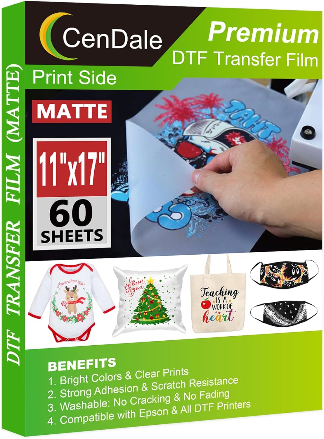 CenDale DTF Transfer Film 11"x17" - 60 Sheets Double-Sided Matte DTF Film for Su...