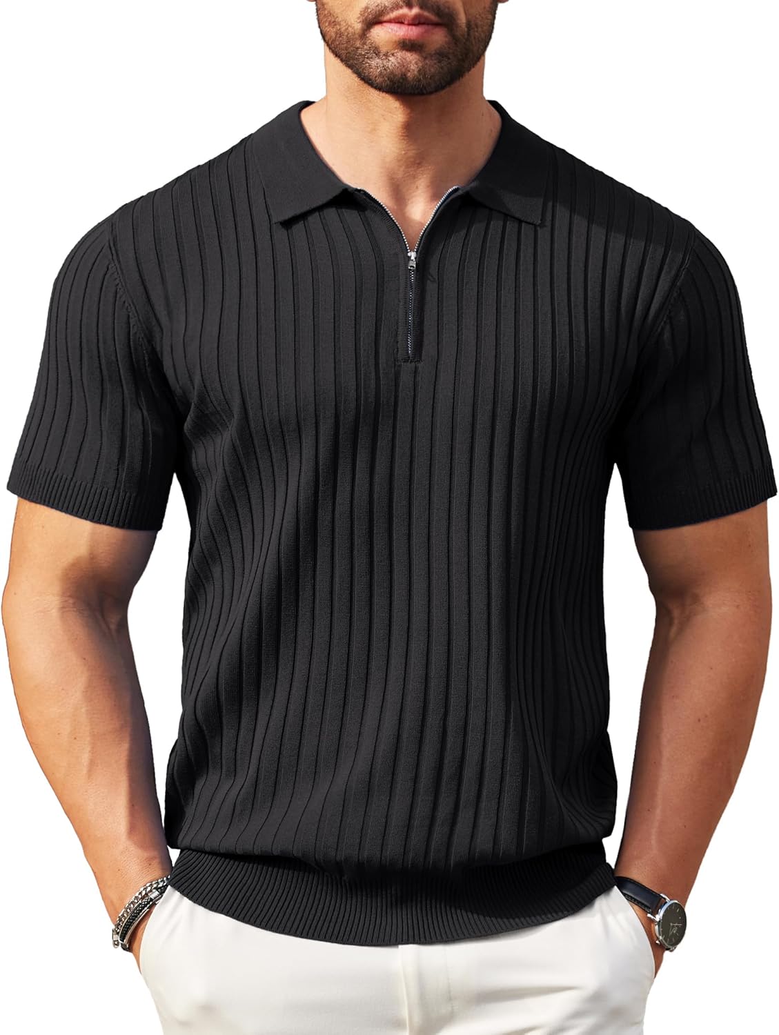 COOFANDY Men's Zipper Polo Shirts Short Sleeve Ribbed Knit Polo T Shirts Fashion...