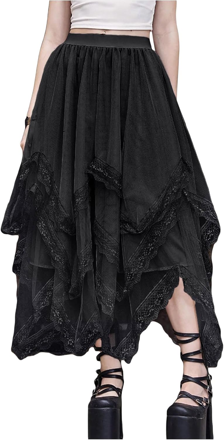 SHENHE Women's Lace Trim Layered Mesh Tulle Skirt High Waist Asymmetrical Long G...