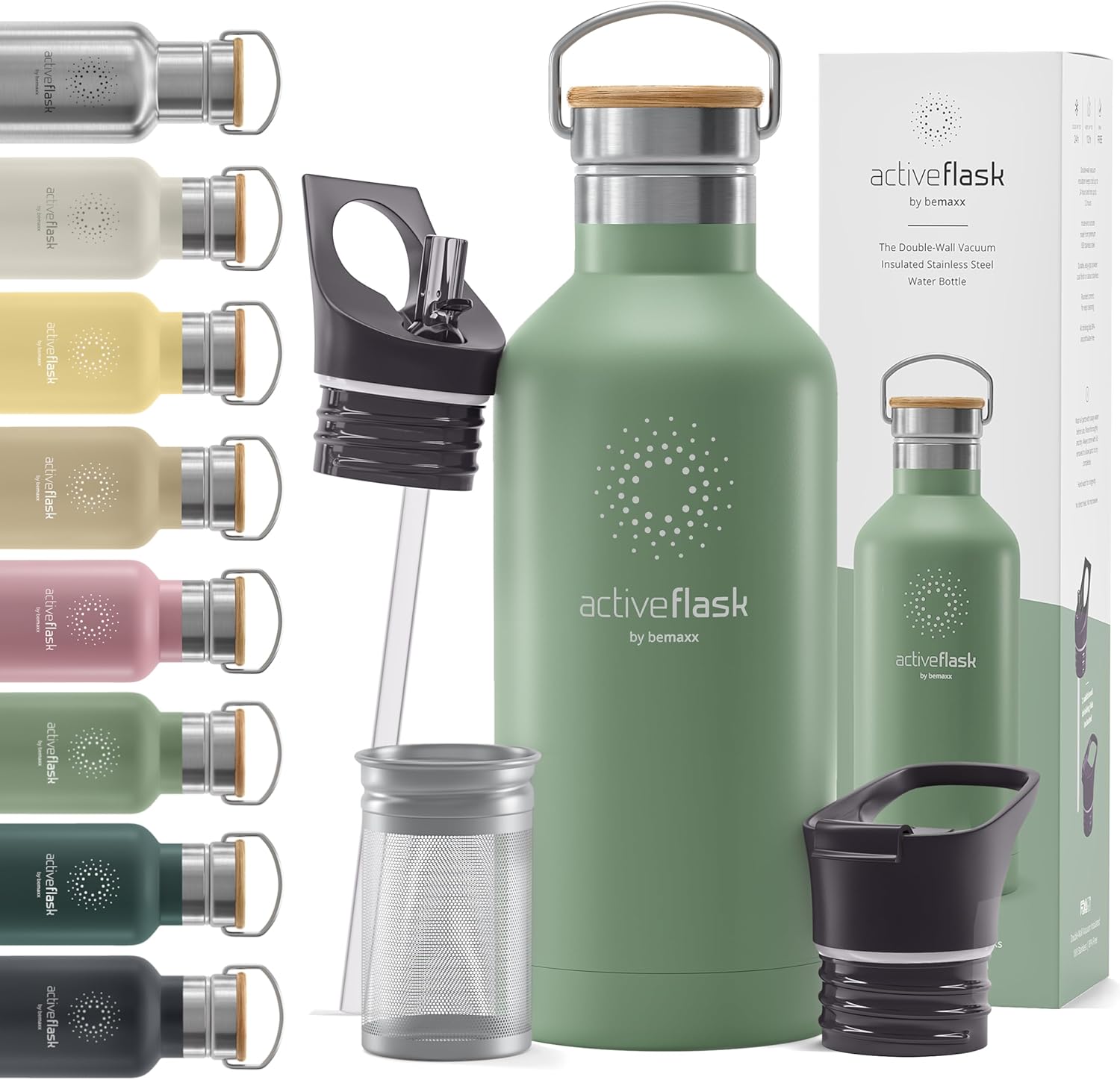 Stainless Steel Water Bottle with Straw, Infuser & 3 Lids: 1 & 0,5L Leak-Proof V...