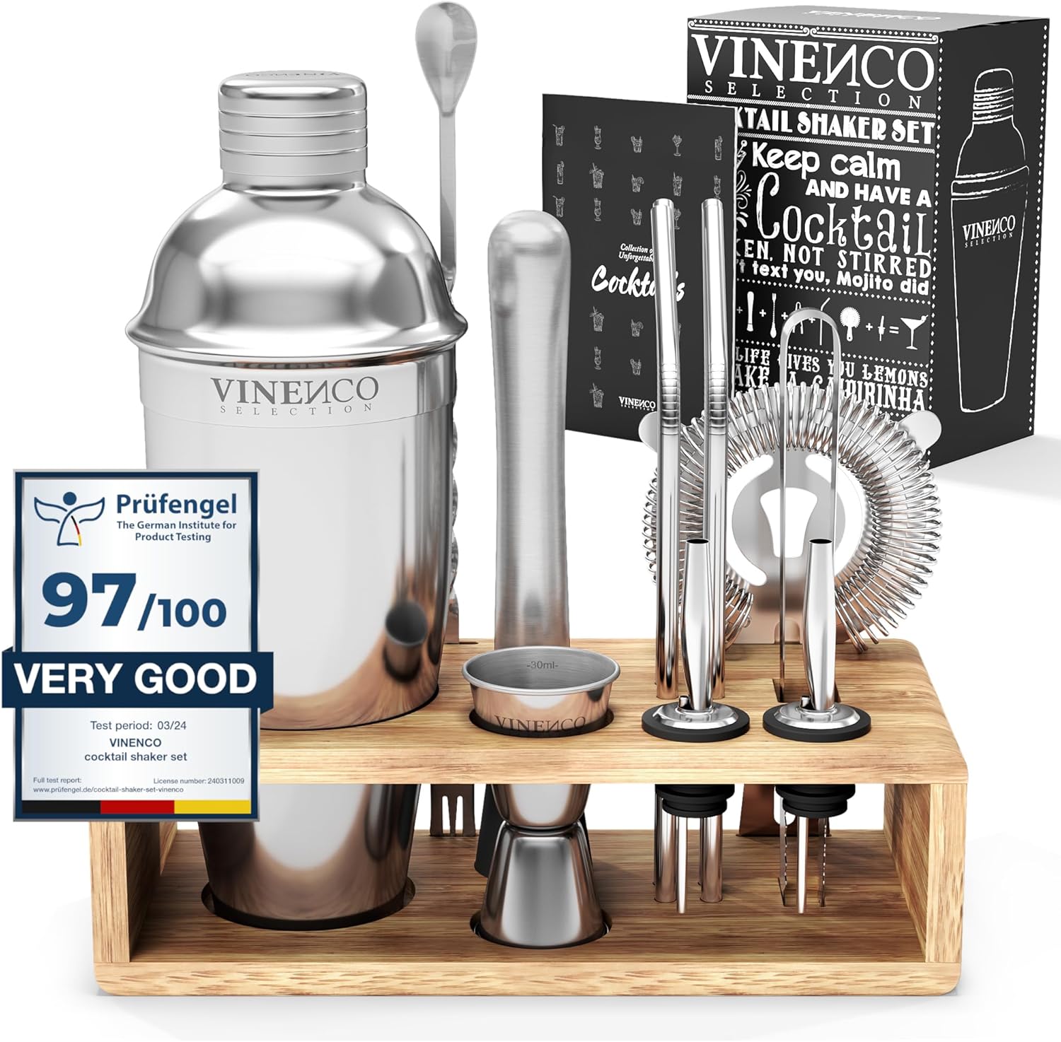 Cocktail Shaker Set Manhattan with Stand + Recipes | Premium Stainless Steel Bar...