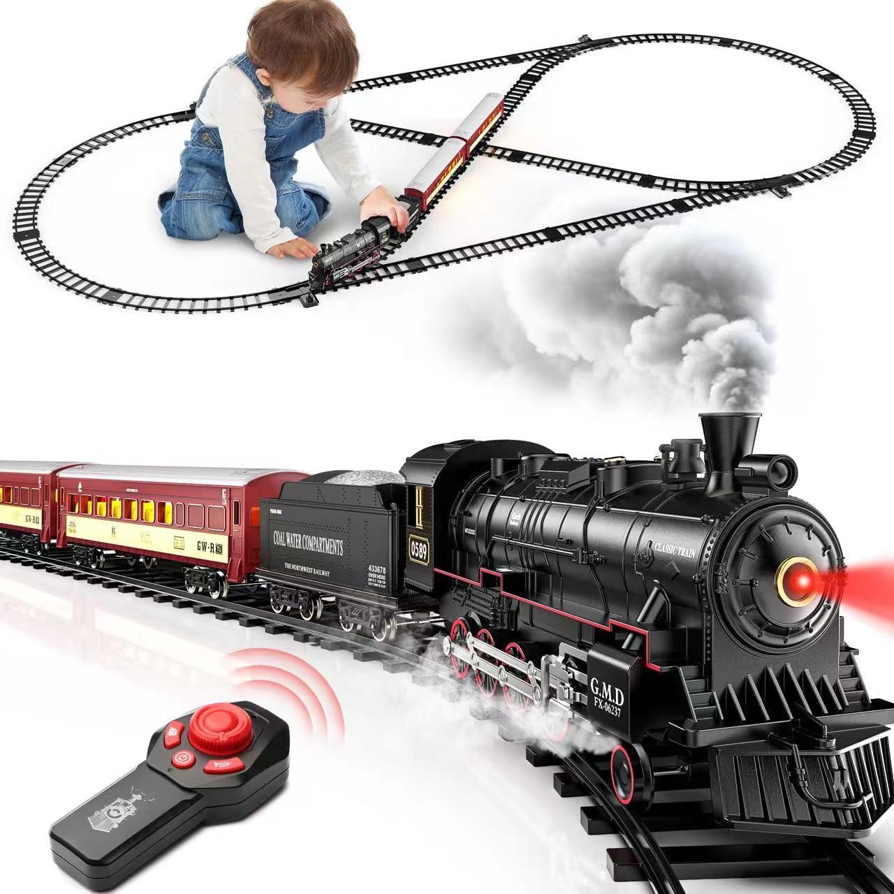 Hot Bee All Alloy Remote Control Train Set, Rechargeable Christmas Train Set for...