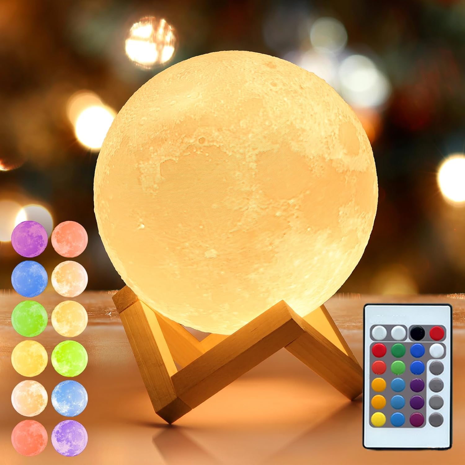 Mydethun16 Colors LED 3D Moon Lamp with Wooden Stand, 4.7 inches - Remote Contro...