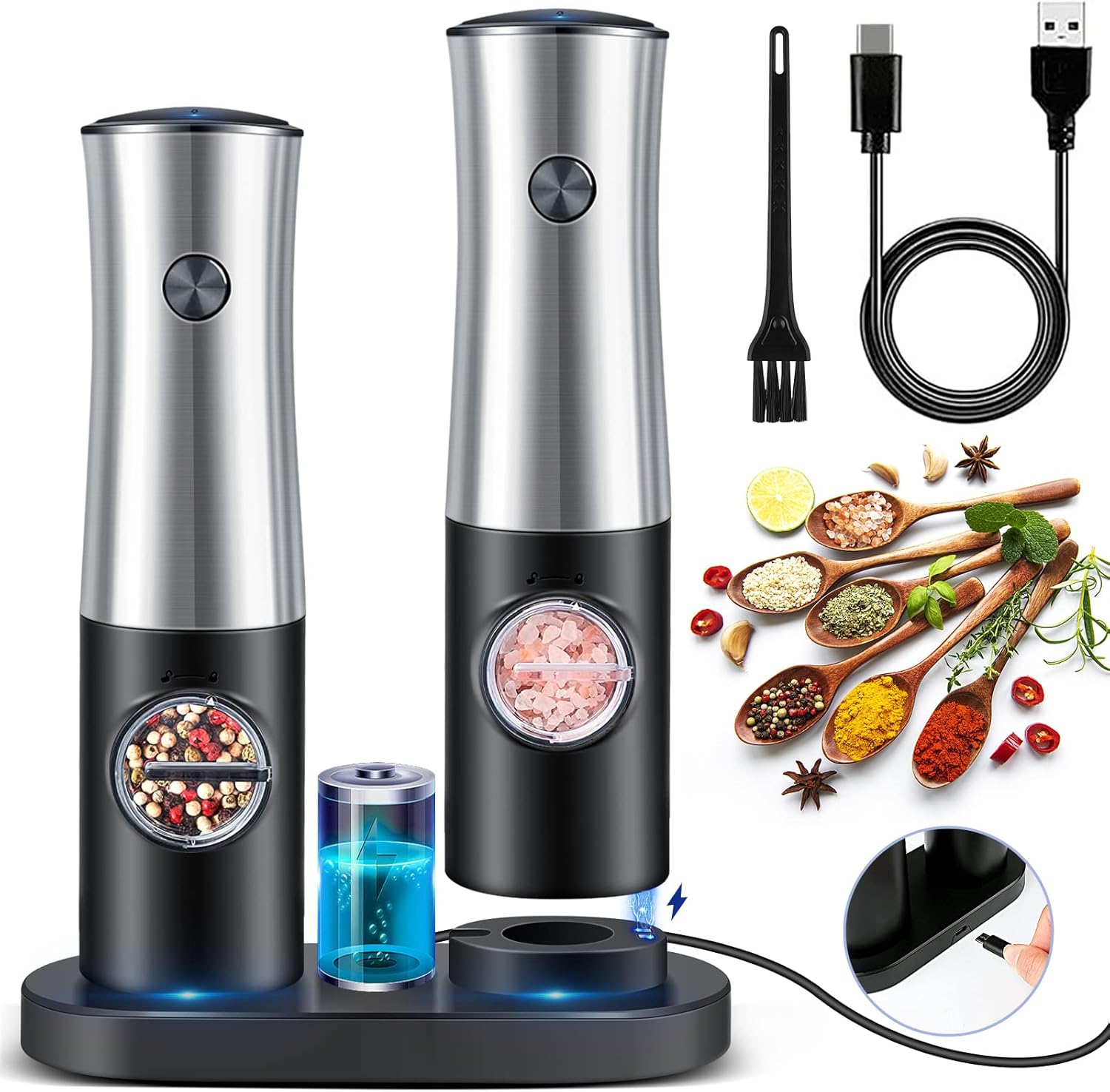 Electric Salt and Pepper Grinder Set with Base, USB Rechargeable Stainless Steel...