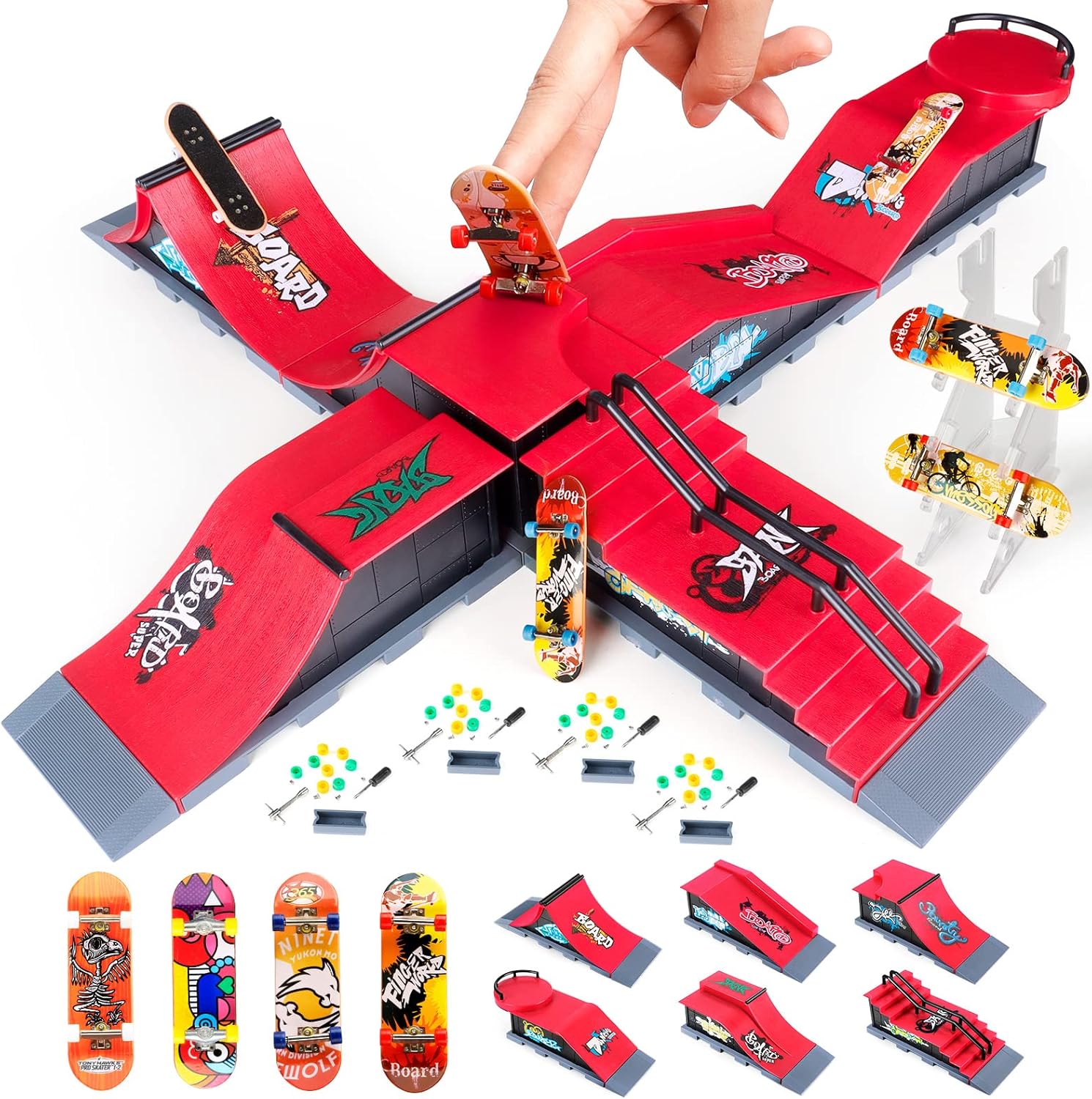 MOMSIV 6 Pieces Mini Finger Skateboard and Ramp Accessory Set, DIY Funny Desktop...