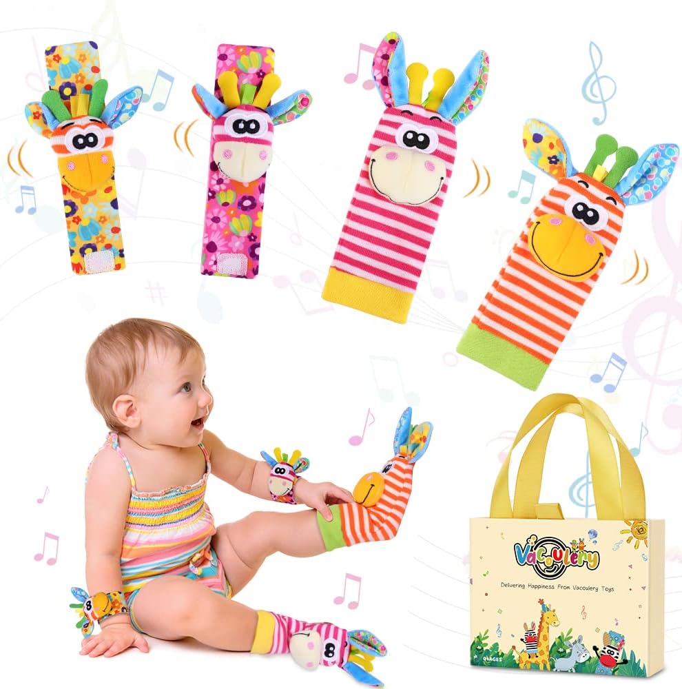 Vacoulery Baby Wrist Rattles & Footfinder Set Soft Animal Baby Rattles Toys for...