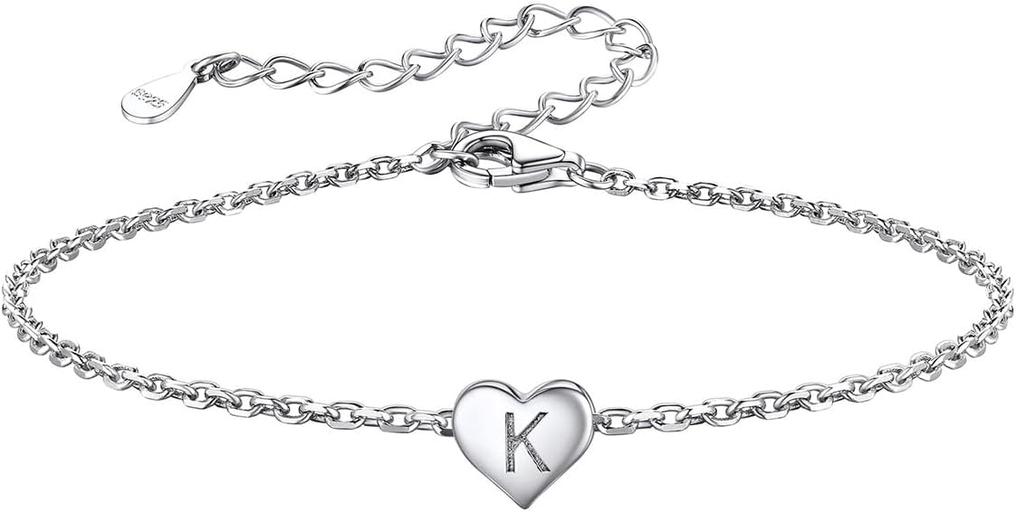 S925 Sterling Silver Bracelet for Women, Adjustable Heart Bracelet with Initial,...
