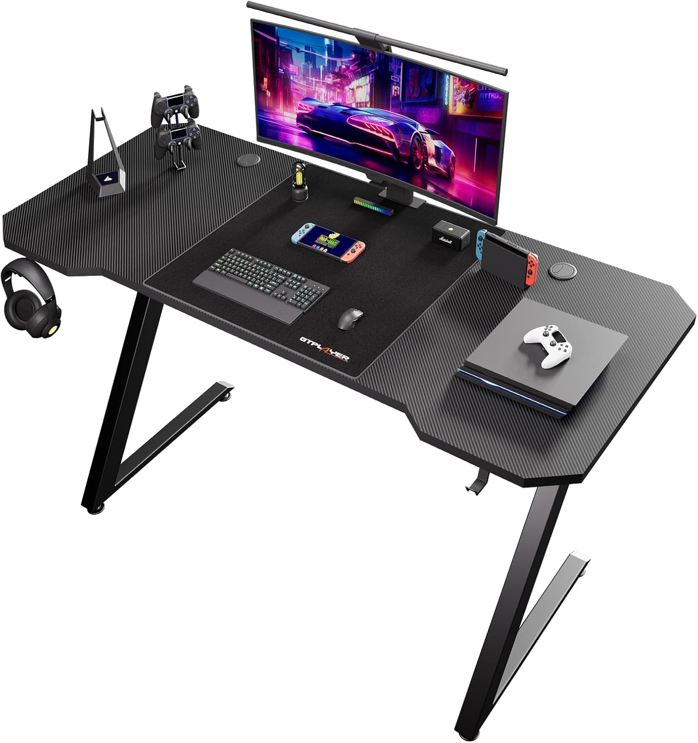 GTPLAYER Gaming Desk Computer Desk Sturdy Carbon Fiber Z Frame Large Gaming Tabl...