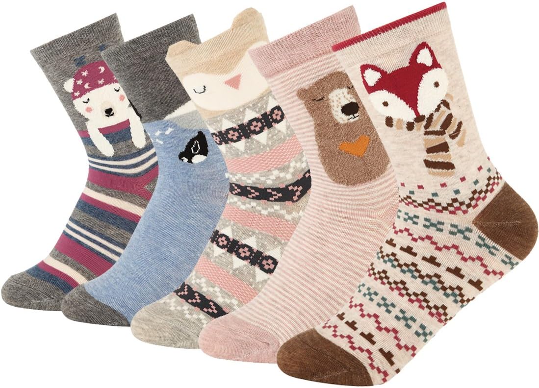 JaosWish 5 Pairs Women Cute Cartoon Socks - Casual Cotton Animal Pattern Crew No...