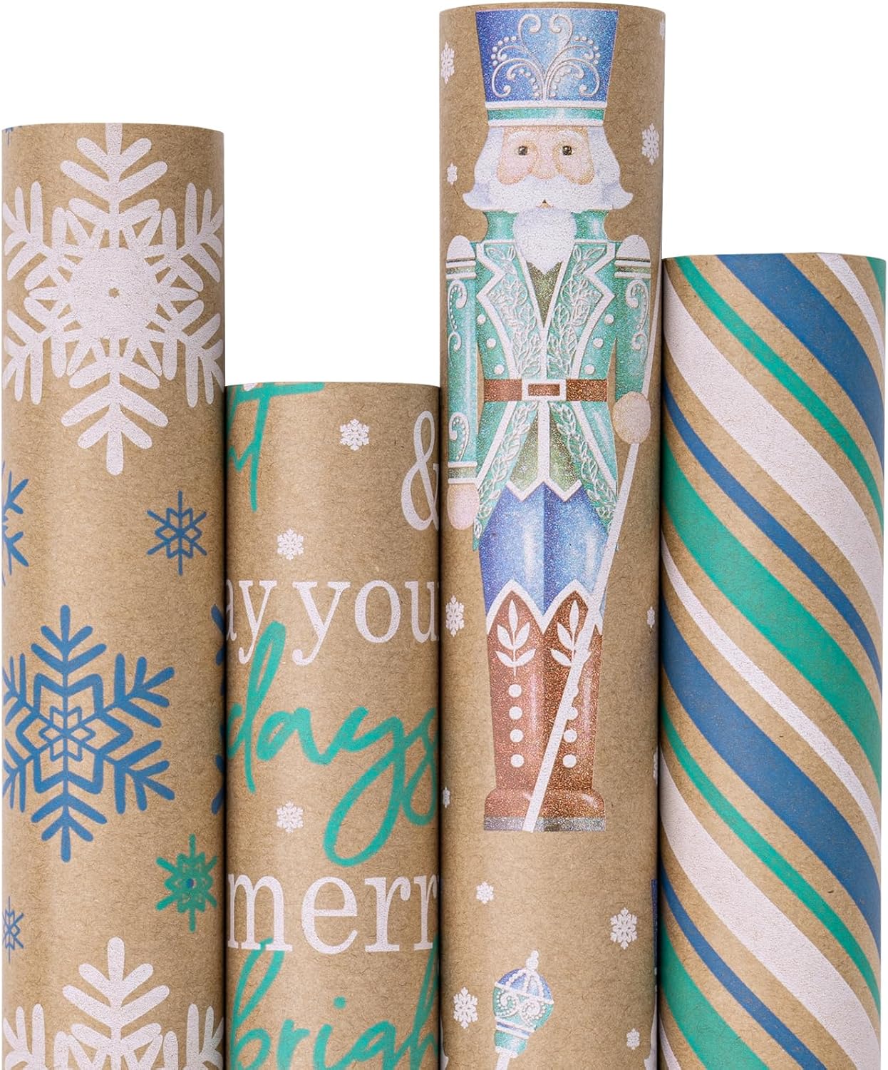 RUSPEPA 4 Rolls Christmas Kraft Wrapping Paper - Nutcracker Soldier, Snowflake,...