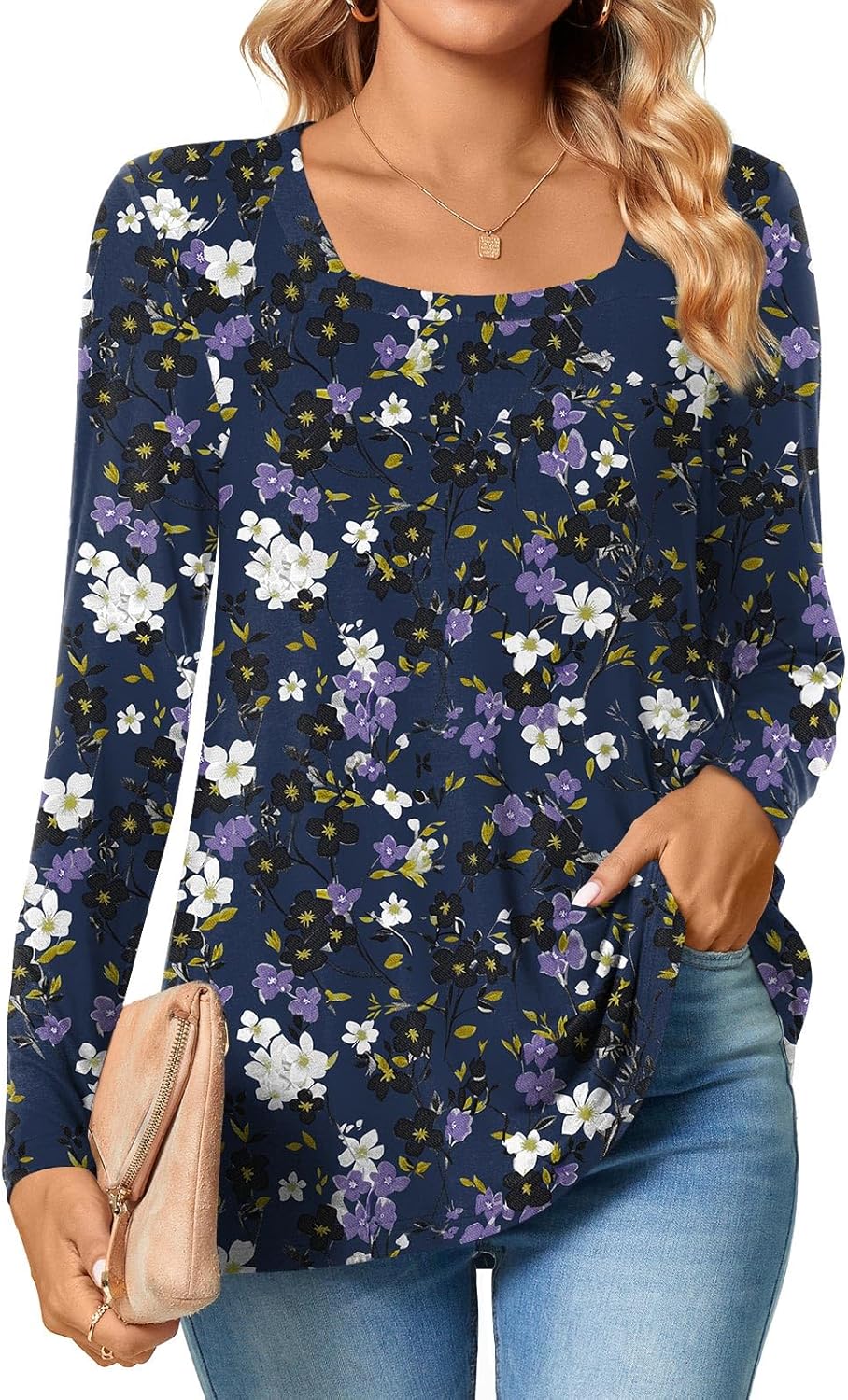 TAOHUADAO Womens 2024 Summer Casual T-Shirts Square Neck Petal Short Sleeve Tuni...