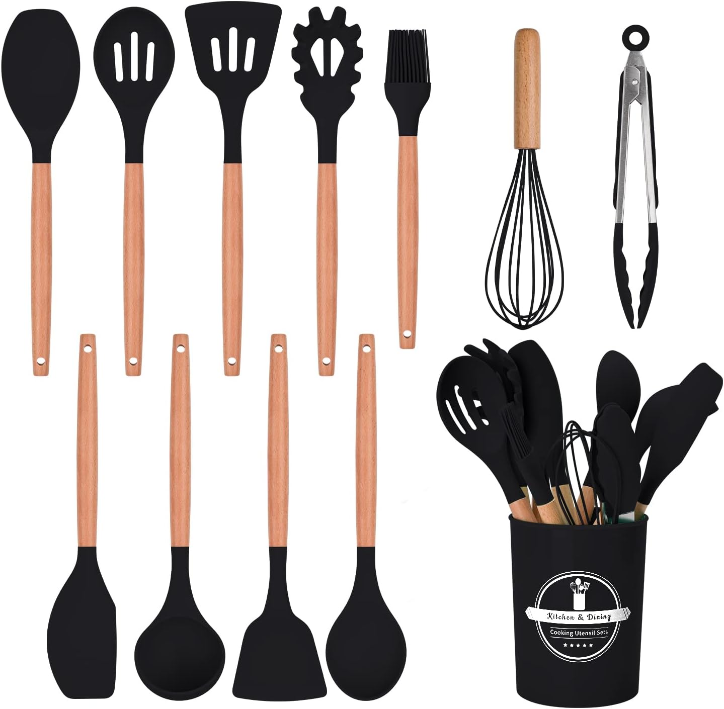 FIOUSY Kitchen Utensil Set, 12 PCS Silicone Cooking Utensils Set with Wooden Han...