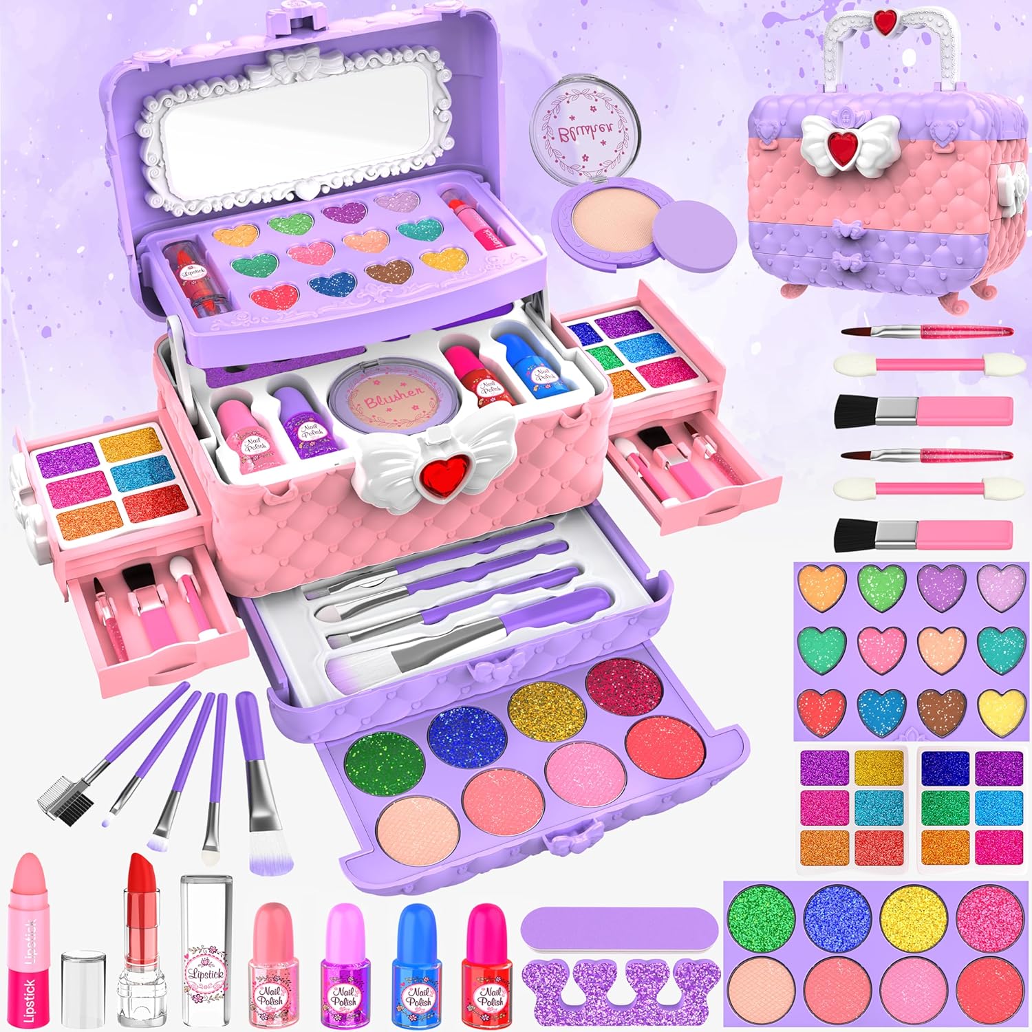54 Pcs Kids Makeup Kits for Little Girls, Princess Real Washable Pretend Play Co...