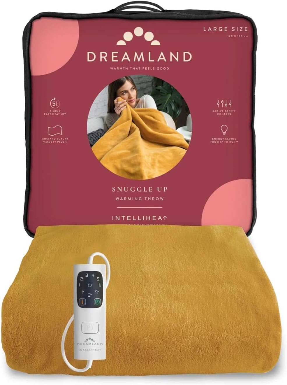 Dreamland Snuggle Up Electric Throw - Mustard, 5 Minute Fast Heat Up, Luxury Vel...
