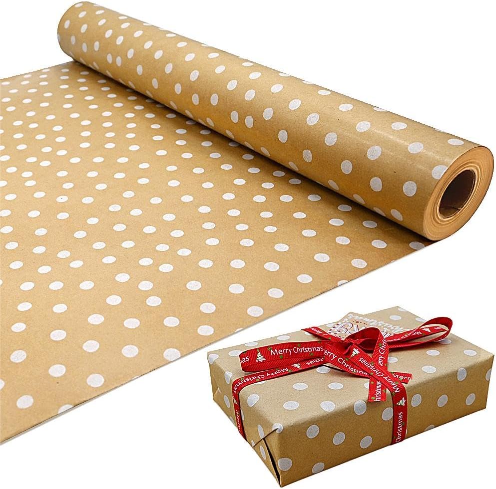 15m Roll of Kraft White Polka Dots Wrapping Paper Roll,100% Recyclable ECO Gift...
