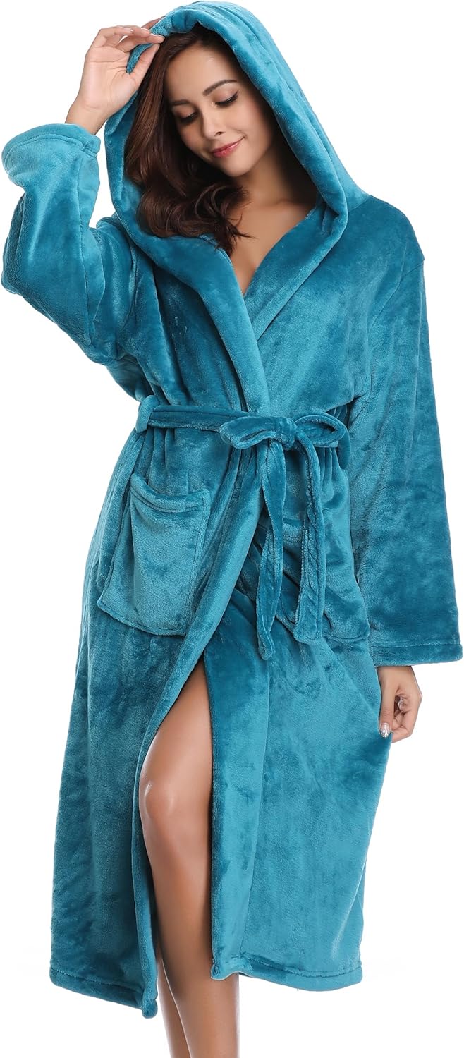 Vlazom Ladies Dressing Gown, Flannel Soft Robe Warm Fluffy Bathrobes with Hooded...